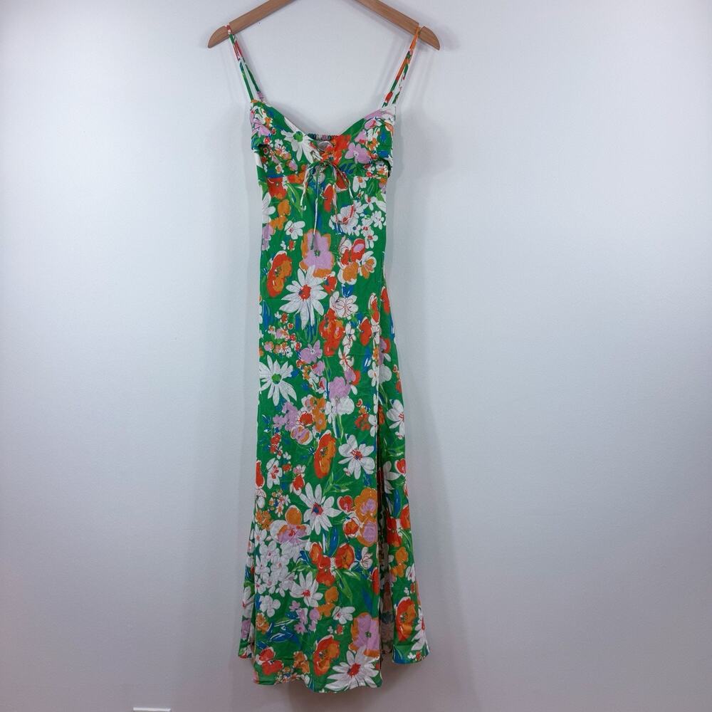 Aquari Women’s Small Dress Beachy Floral Green Linen Blend Vacation Romantic